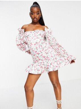 ASOS DESIGN satin mini dress. Ditsy floral print, puff sleeve ruffle hem corset